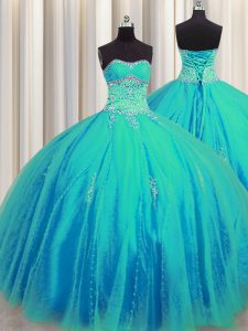 Beauteous Big Puffy Aqua Blue Tulle Lace Up Sweetheart Sleeveless Floor Length Sweet 16 Quinceanera Dress Beading and Appliques
