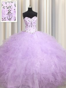 Visible Boning Lavender Sleeveless Beading and Appliques and Ruffles Floor Length Quince Ball Gowns