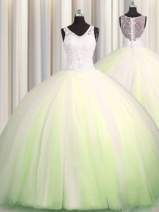 Zipple Up Big Puffy Zipper Quinceanera Dresses Yellow Green for Military Ball and Sweet 16 and Quinceanera with Beading and Appliques Brush Train