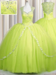 Zipper Up Cap Sleeves With Train Beading and Appliques Zipper Sweet 16 Quinceanera Dress with Yellow Green Brush Train