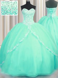 Decent Organza Sleeveless With Train Vestidos de Quinceanera Brush Train and Beading and Appliques