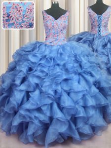 Designer Ruffled Floor Length Baby Blue Quinceanera Dresses V-neck Sleeveless Lace Up