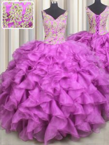 Glorious V-neck Sleeveless Organza Quince Ball Gowns Beading and Ruffles Lace Up