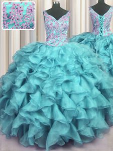 Colorful Ruffled Aqua Blue V-neck Lace Up Appliques and Ruffles Quinceanera Gowns Sleeveless