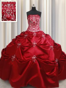 Dynamic Sleeveless Floor Length Beading and Appliques and Embroidery Lace Up Quinceanera Dress with Wine Red