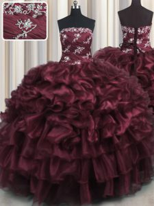 Wine Red Lace Up Quinceanera Gowns Appliques and Ruffles and Ruffled Layers Sleeveless Floor Length