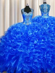 Zipper Up See Through Back Royal Blue Ball Gowns Straps Sleeveless Organza With Train Sweep Train Zipper Beading and Ruffles Quinceanera Dress