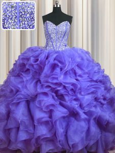 Bling-bling Brush Train Lavender Ball Gowns Beading and Ruffles Sweet 16 Dresses Lace Up Organza Sleeveless With Train