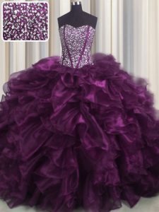 Visible Boning Beading and Ruffles Sweet 16 Dress Dark Purple Lace Up Sleeveless With Brush Train