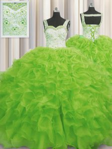 Artistic Yellow Green Sleeveless Floor Length Beading and Ruffles Lace Up 15 Quinceanera Dress