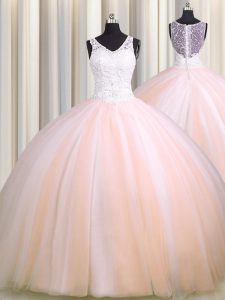 New Style See Through Back Zipple Up Baby Pink and Peach Sleeveless Brush Train Beading and Appliques Sweet 16 Quinceanera Dress