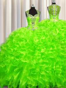 Traditional Pick Ups Zipper Up See Through Back Brush Train Ball Gowns Quinceanera Dress Sweetheart Organza Sleeveless With Train Zipper