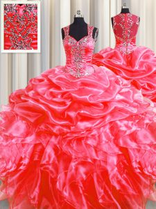 Pick Ups Zipper Up See Through Back Coral Red Ball Gowns Straps Sleeveless Organza Floor Length Sweep Train Zipper Beading and Ruffles Sweet 16 Dress
