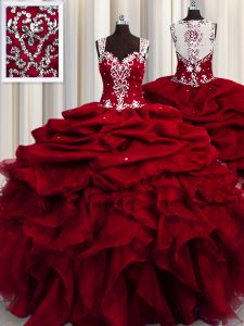 See Through Wine Red Zipper Straps Beading and Ruffles and Sequins Quinceanera Dresses Organza Sleeveless