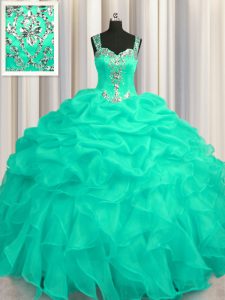 Luxurious See Through Zipper Up Turquoise Zipper Quinceanera Dress Appliques and Ruffles Sleeveless Floor Length
