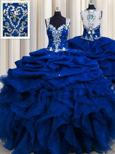 Zipple Up See Through Back Royal Blue Zipper Sweet 16 Dresses Beading and Ruffles and Sequins and Pick Ups Sleeveless Floor Length