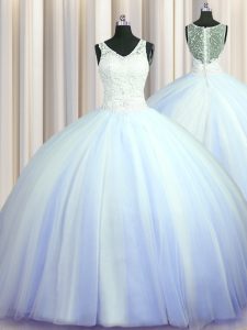 See Through Zipper Up With Train Light Blue Quinceanera Gown Tulle Brush Train Sleeveless Beading and Appliques