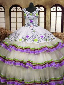 Top Selling Sleeveless Organza Floor Length Lace Up Sweet 16 Dresses in Multi-color with Embroidery and Ruffled Layers