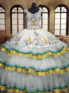 Fantastic Multi-color A-line Organza V-neck Sleeveless Embroidery and Ruffled Layers Floor Length Lace Up Quinceanera Gown