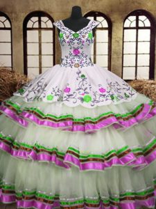 Pretty Multi-color Organza Lace Up V-neck Sleeveless Floor Length 15th Birthday Dress Embroidery and Ruffled Layers