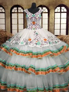 High End Multi-color Sleeveless Embroidery and Ruffled Layers Floor Length 15th Birthday Dress