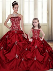 Floor Length Lace Up Vestidos de Quinceanera Wine Red for Military Ball and Sweet 16 and Quinceanera with Embroidery and Pick Ups