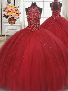 Cheap Halter Top Lace Up 15 Quinceanera Dress Red for Military Ball and Sweet 16 and Quinceanera with Beading and Appliques Court Train