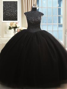 Graceful High Neck Cap Sleeves Floor Length Beading Zipper Ball Gown Prom Dress with Black