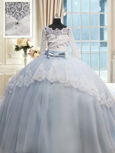 Dynamic Light Blue Quinceanera Gowns Military Ball and Sweet 16 and Quinceanera and For with Beading and Lace and Bowknot Scalloped Half Sleeves Brush Train Lace Up