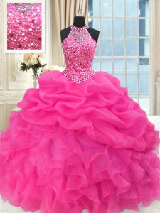 Smart See Through Beaded Bodice Sleeveless Lace Up Floor Length Beading and Ruffles and Pick Ups Quinceanera Dress
