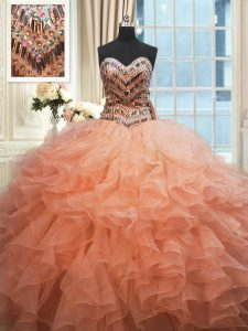 Exquisite Beaded Bodice Sweetheart Sleeveless Organza Quinceanera Dresses Beading and Ruffles Lace Up
