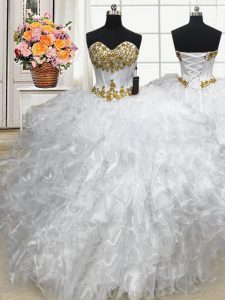 White Ball Gowns Beading and Ruffles Ball Gown Prom Dress Lace Up Organza Sleeveless Floor Length
