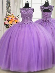 Superior See Through Lavender Lace Up Scoop Beading and Appliques Vestidos de Quinceanera Tulle Sleeveless