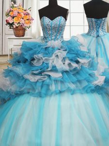 Stylish Visible Boning Beaded Bodice Blue And White Lace Up Quinceanera Dress Beading and Ruffled Layers Sleeveless Floor Length