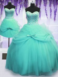 Edgy Three Piece Aqua Blue Ball Gowns Beading and Bowknot Quinceanera Dresses Lace Up Tulle Sleeveless Floor Length