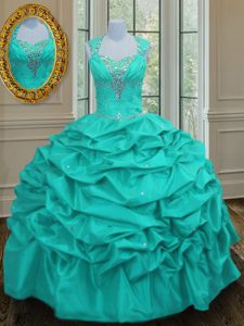 Custom Design Aqua Blue Ball Gowns Straps Sleeveless Taffeta Floor Length Lace Up Beading and Pick Ups Quinceanera Dresses