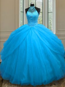 Pretty Floor Length Lace Up 15th Birthday Dress Baby Blue for Military Ball and Sweet 16 and Quinceanera with Beading