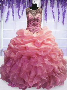Custom Design Scoop Floor Length Baby Pink Sweet 16 Quinceanera Dress Organza Sleeveless Beading and Pick Ups