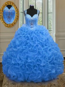 Delicate Straps Beading and Ruffles 15 Quinceanera Dress Blue Zipper Sleeveless Floor Length