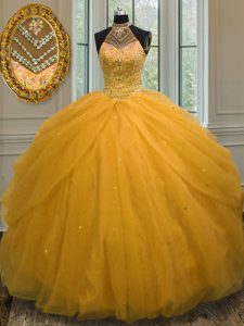 Floor Length Gold Quince Ball Gowns Halter Top Sleeveless Lace Up