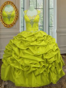 Straps Yellow Green Lace Up 15 Quinceanera Dress Beading and Pick Ups Sleeveless Floor Length