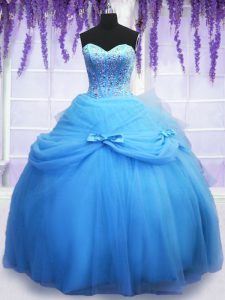 Tulle Sweetheart Sleeveless Lace Up Beading and Bowknot Sweet 16 Quinceanera Dress in Blue