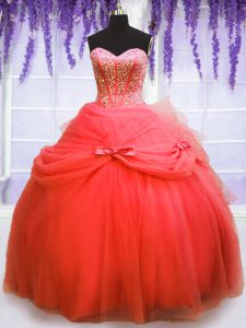Artistic Coral Red Lace Up Sweetheart Beading and Bowknot Quinceanera Gown Tulle Sleeveless