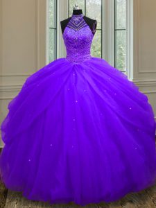 Sumptuous Halter Top Sequins Purple Sleeveless Tulle Lace Up Sweet 16 Quinceanera Dress for Military Ball and Sweet 16 and Quinceanera