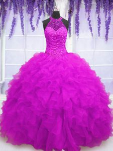 Fuchsia Sleeveless Organza Lace Up Quince Ball Gowns for Military Ball and Sweet 16 and Quinceanera