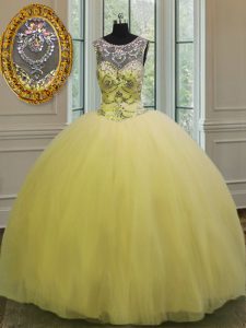Scoop Beading and Appliques Sweet 16 Quinceanera Dress Light Yellow Backless Sleeveless Floor Length