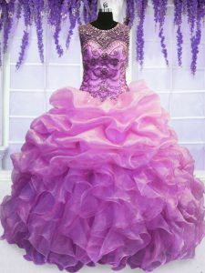 Modest Organza Scoop Sleeveless Lace Up Beading and Pick Ups Quince Ball Gowns in Lilac