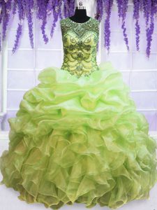 High End Scoop Sleeveless Floor Length Beading and Pick Ups Lace Up Quinceanera Gown with Yellow Green