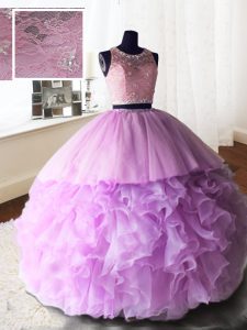 High End Lilac Scoop Zipper Beading and Lace and Ruffles Vestidos de Quinceanera Brush Train Sleeveless