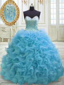 Baby Blue Quinceanera Dress Organza Sweep Train Sleeveless Beading and Sequins